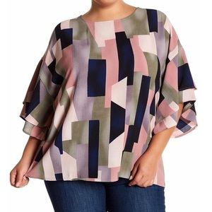 Bobeau Tiered Flutter Sleeve Printed Blouse